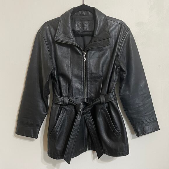 Vintage Jacqueline Ferrar Womens Belted Leather Jacket Size Small Petite Black - Picture 1 of 16